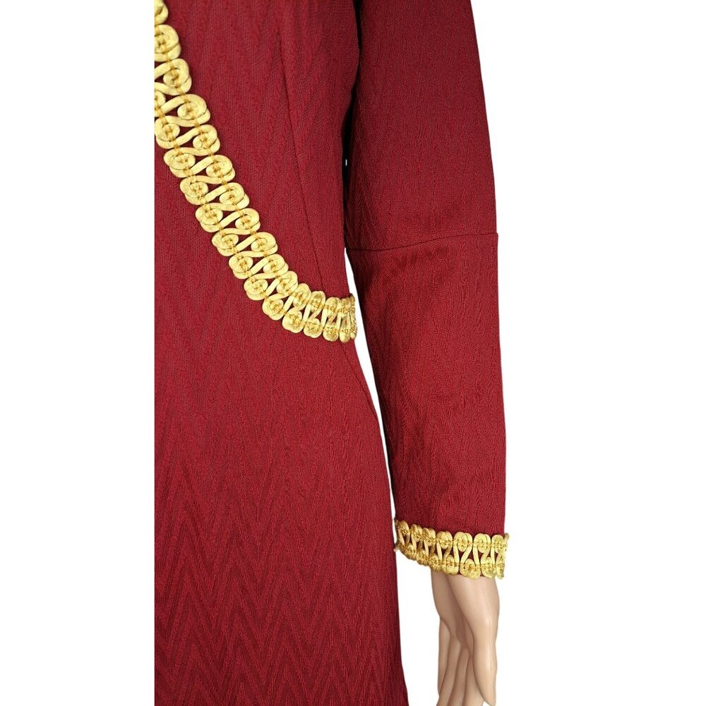Vintage Handmade Maroon Dress Gold Gimp Trim Long Sleeve Chevron Texture Zip 70s - Picture 7 of 16